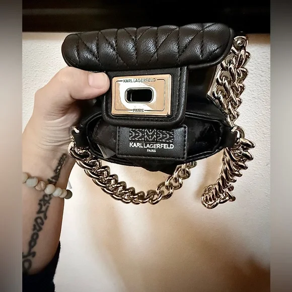 Karl Lagerfeld Micro Mini purse bag Black Quilted Leather & CHUNKY Silver Chain